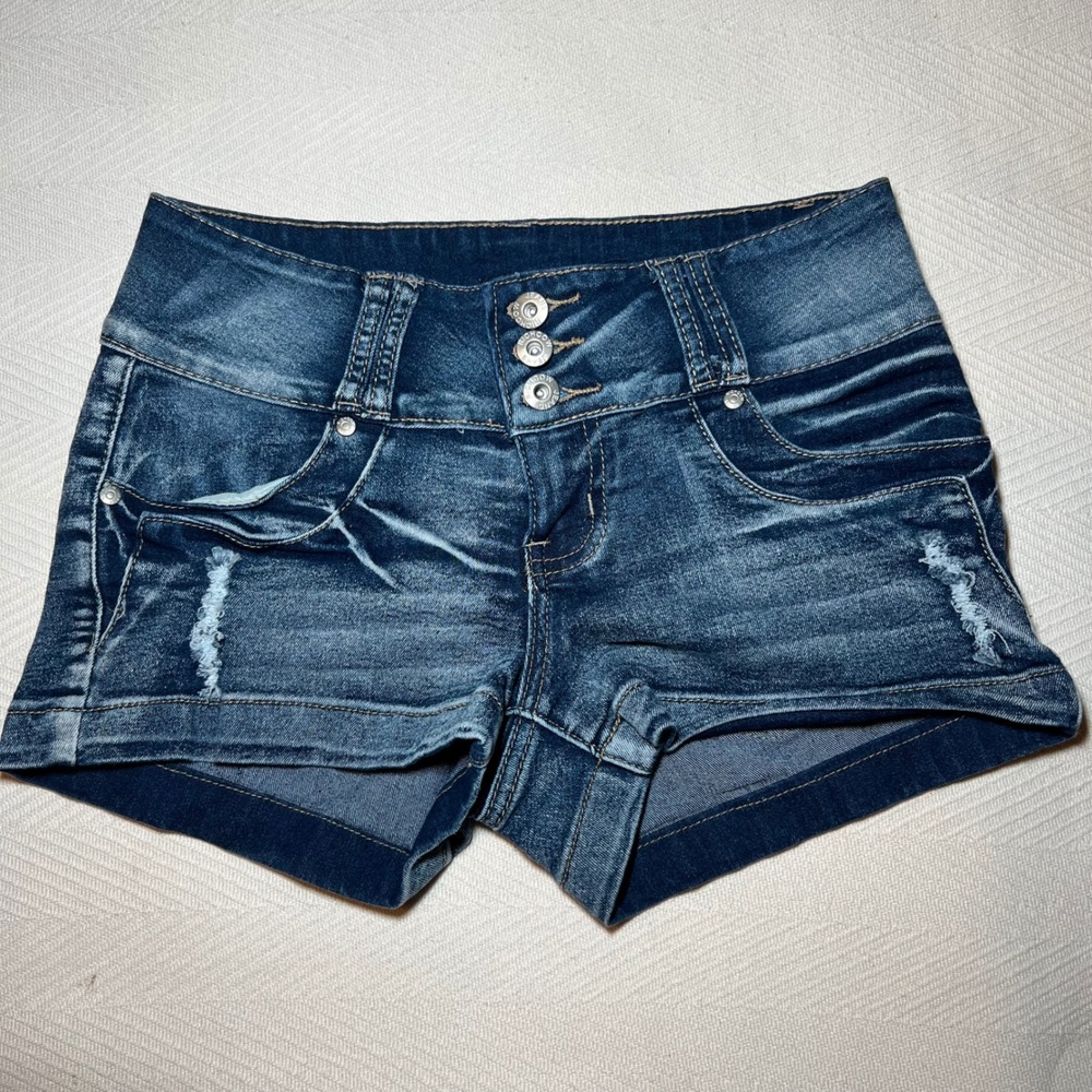 Richcow Vintage Y2K Low Rise Triple Button Mini Shorts Dark Wash Size 7